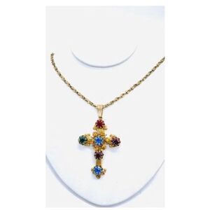 Miriam Haskell Vintage Jeweled Cross Pendant & Necklace